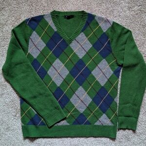 J Crew Men's L 100% Lambswool Sweater Green Argyle Golf Preppy Long Sleeve
